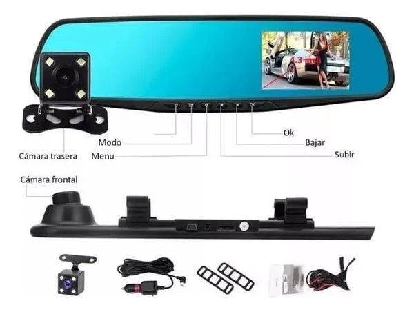 Espejo Retrovisor Carro  Doble Camara Full Hd