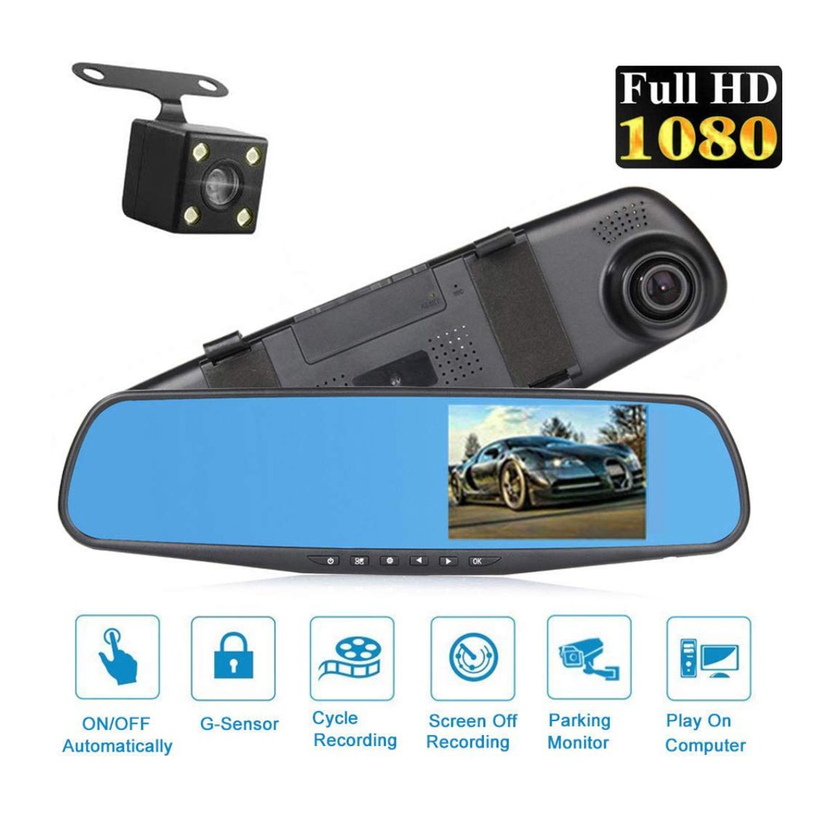 Espejo Retrovisor Carro  Doble Camara Full Hd